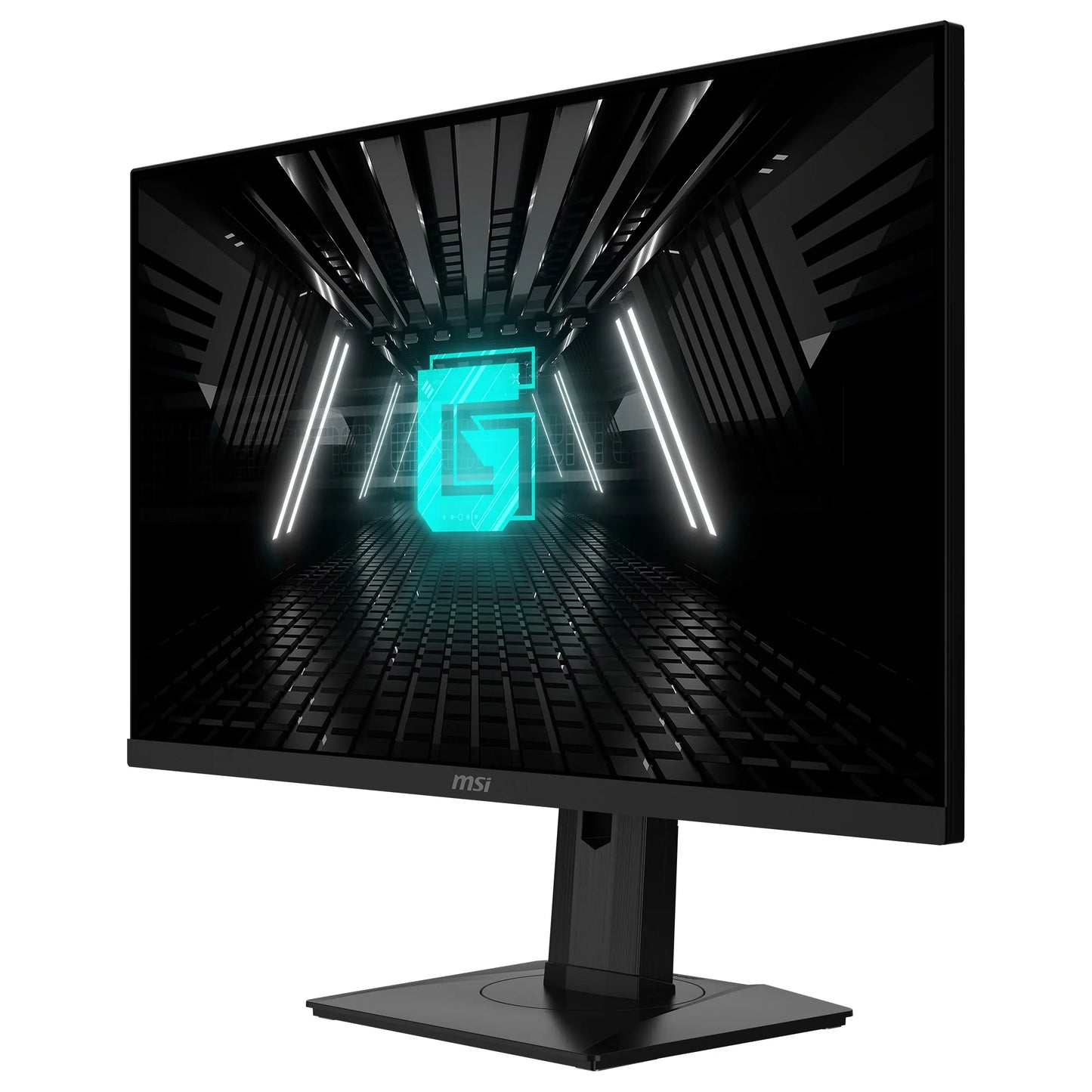 MSI gaming monitor showing futuristic digital logo in dark room with glowing light bars
