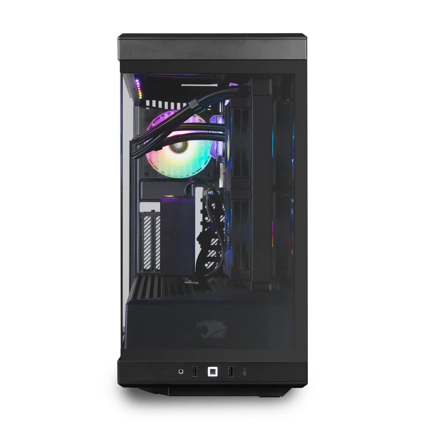 Side view of sleek black gaming PC case with RGB-lit internal fan and water cooling tubes