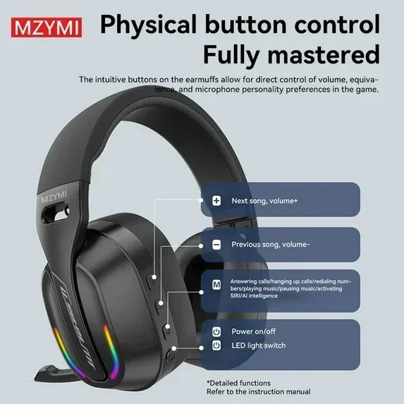 Gaming headset with LED lights, physical button controls for volume, music, and calls