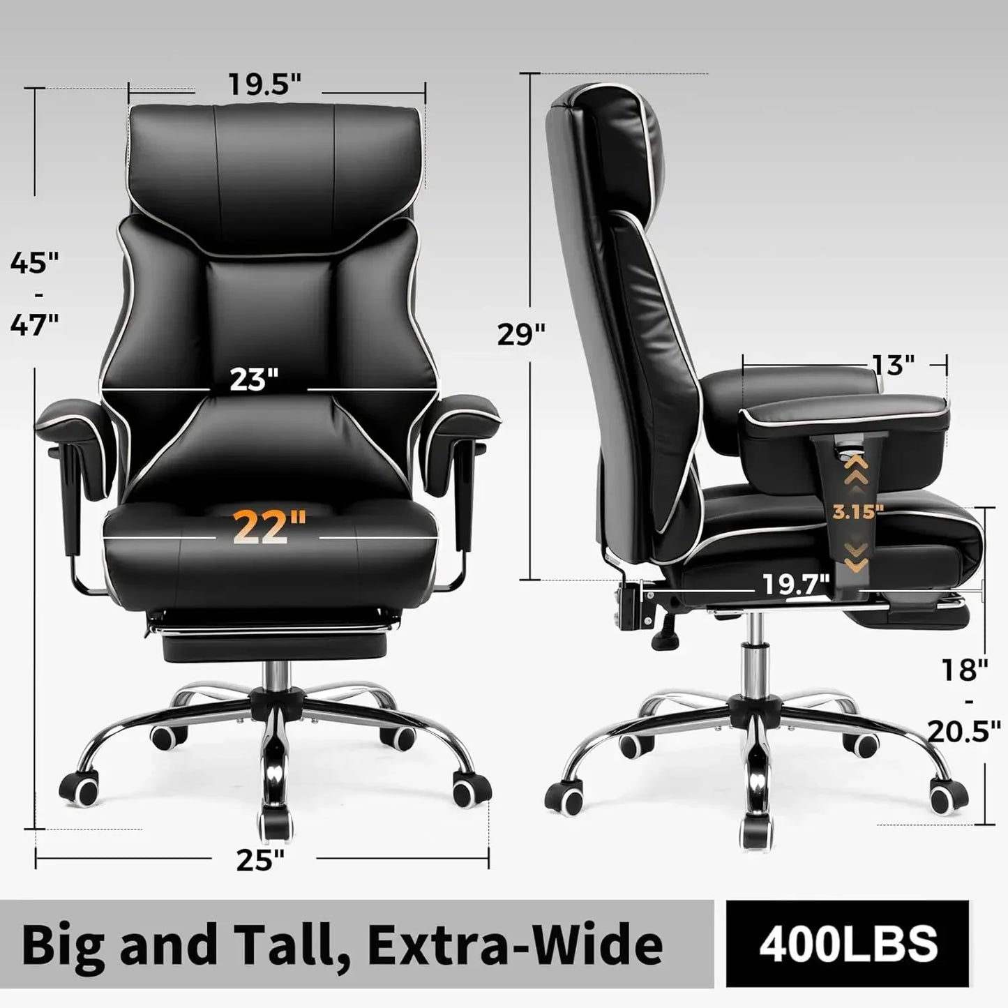 Big and tall gaming chair with extra-wide seat, 400 lbs capacity, black leather, adjustable dimensions