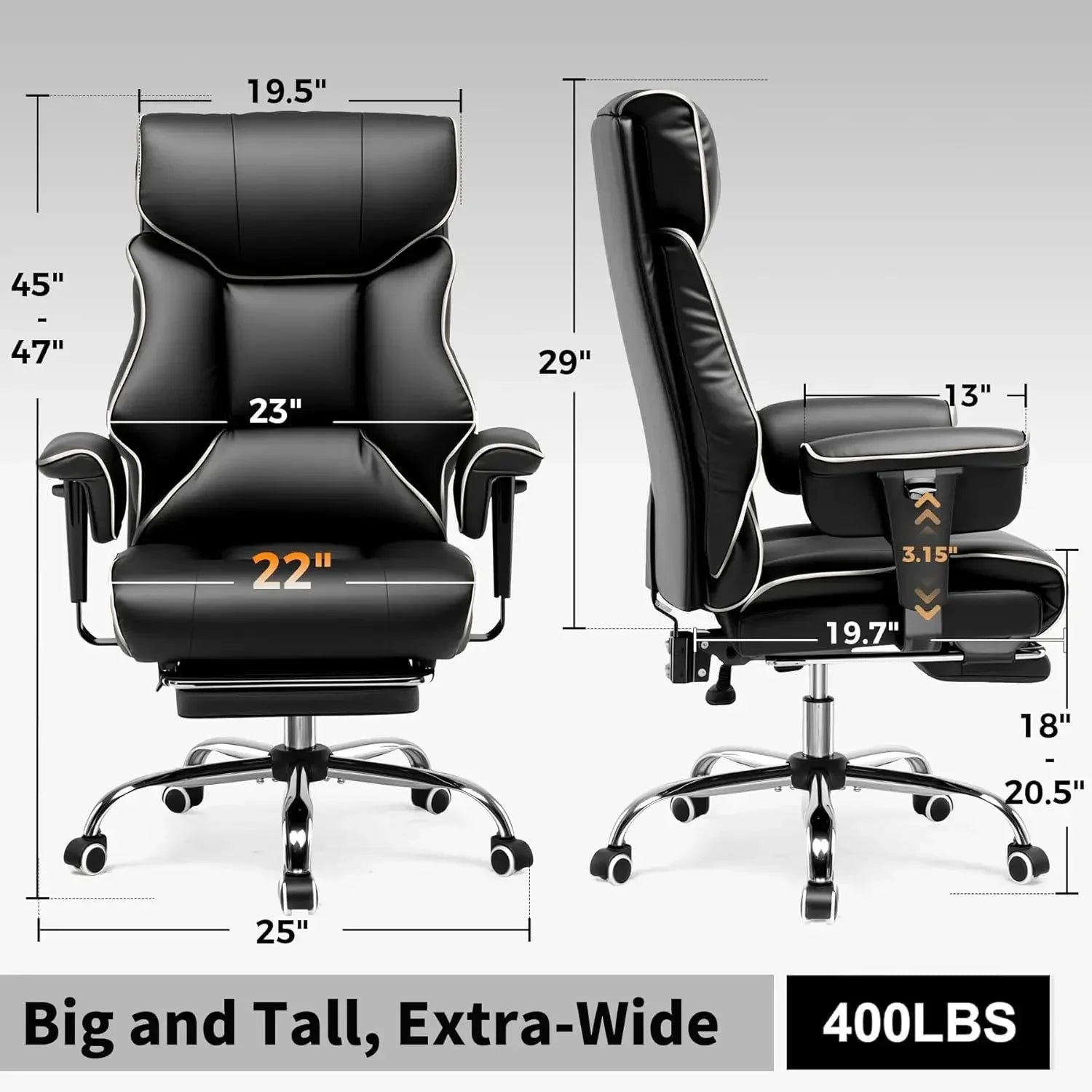 Big and tall gaming chair with extra-wide seat, 400 lbs capacity, black leather, adjustable dimensions