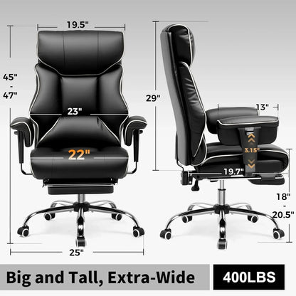 Big and tall gaming chair with extra-wide seat, 400 lbs capacity, black leather, adjustable dimensions