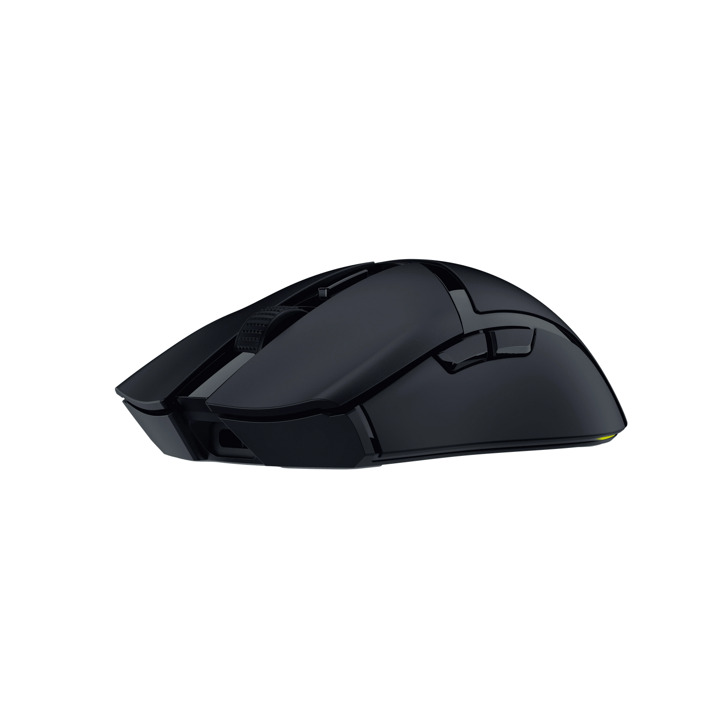 Sleek black ergonomic gaming mouse with side buttons and textured scroll wheel on a black background