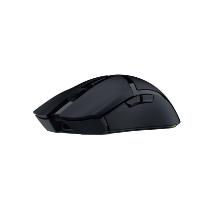 Sleek black ergonomic gaming mouse with side buttons and textured scroll wheel on a black background