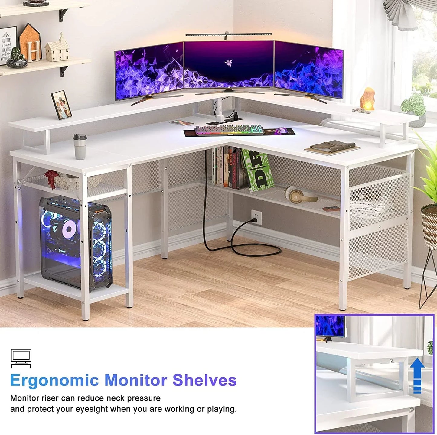L Shaped Desk with Power Outlets and LED Light, 55 Inch Reversible L-Shaped Gaming Desk with Monitor Stand, Ergonomic Corner Computer Desk with Storage Shelf for Home Office, White