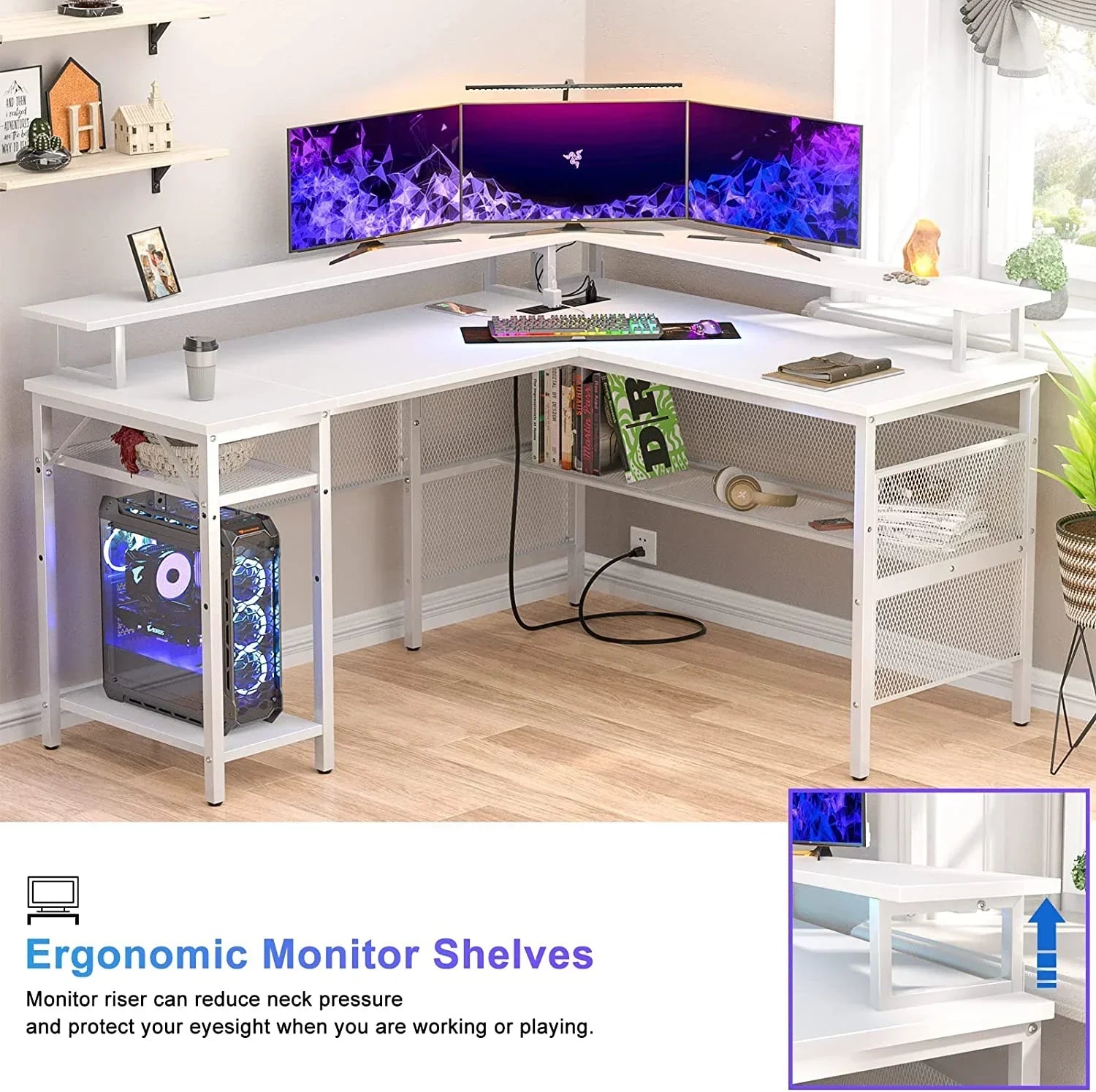 L Shaped Desk with Power Outlets and LED Light, 55 Inch Reversible L-Shaped Gaming Desk with Monitor Stand, Ergonomic Corner Computer Desk with Storage Shelf for Home Office, White