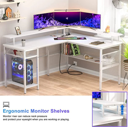 L Shaped Desk with Power Outlets and LED Light, 55 Inch Reversible L-Shaped Gaming Desk with Monitor Stand, Ergonomic Corner Computer Desk with Storage Shelf for Home Office, White