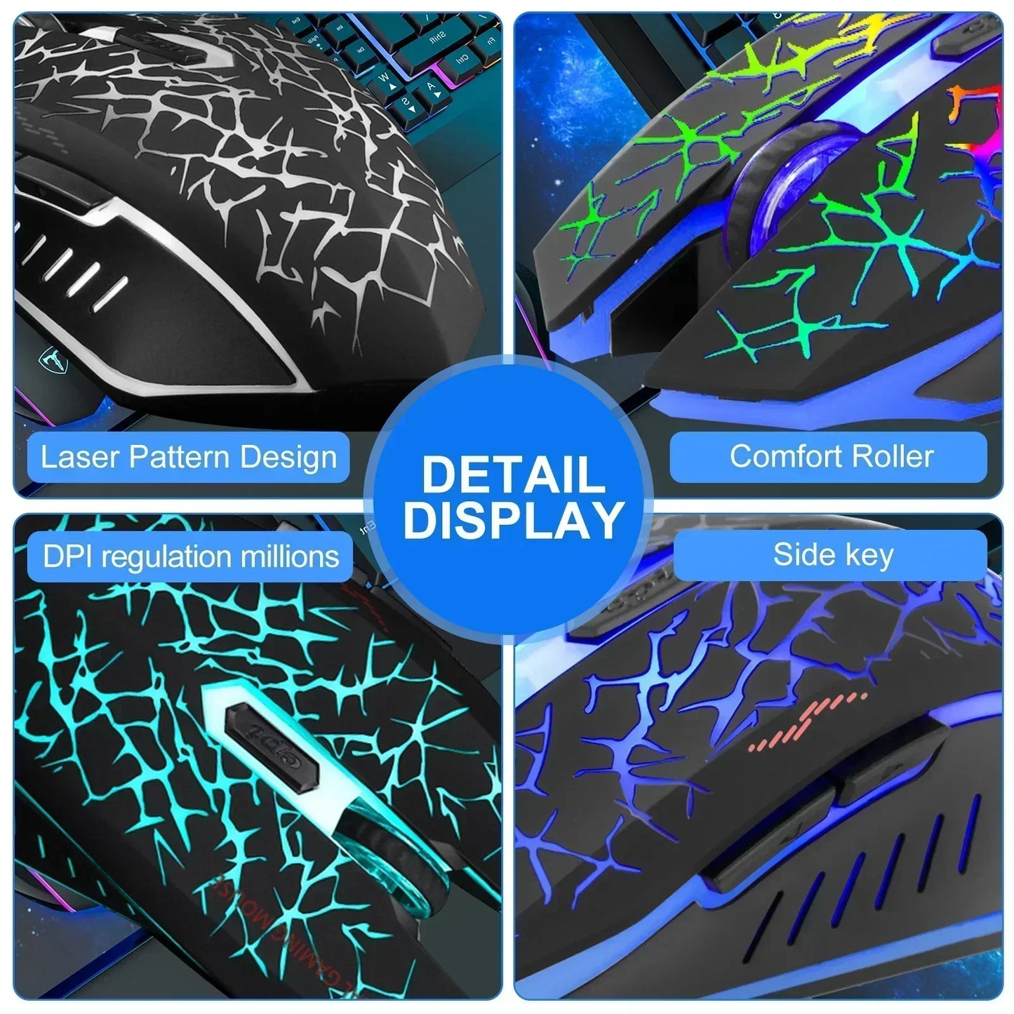 RGB gaming mouse with crack pattern, side key, comfort roller, and DPI adjustment options