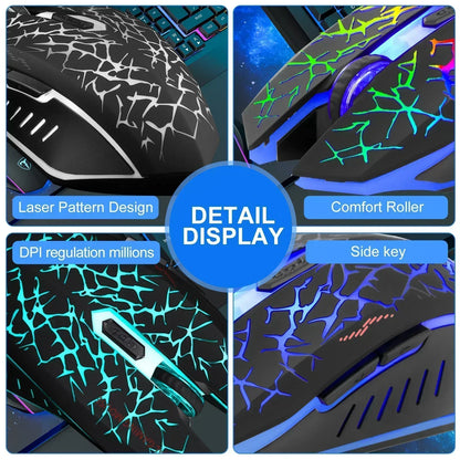 RGB gaming mouse with crack pattern, side key, comfort roller, and DPI adjustment options