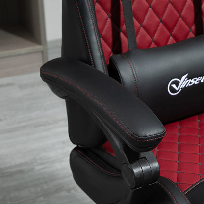 Black and red cushioned gaming chair armrest with red diamond stitching and lumbar support pillow