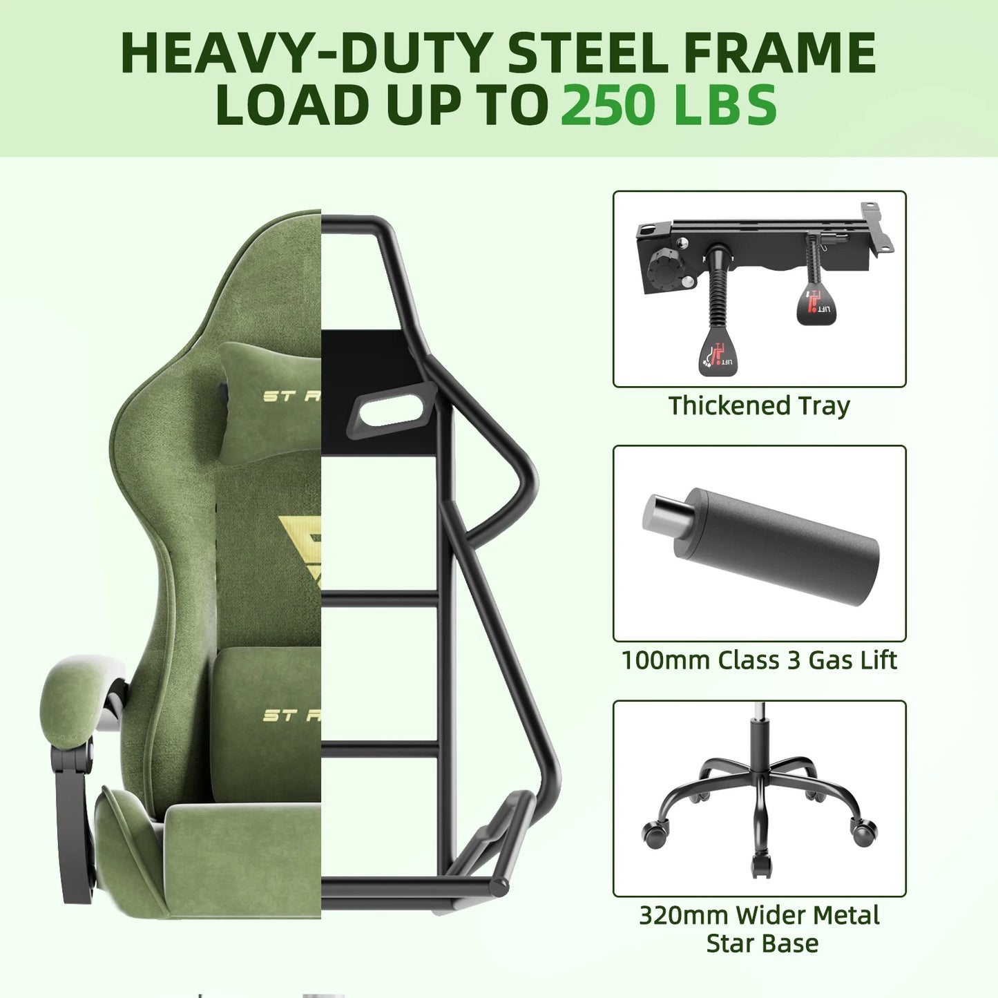 Green gaming chair with heavy-duty steel frame, thickened tray, Class 3 gas lift, and wide metal star base