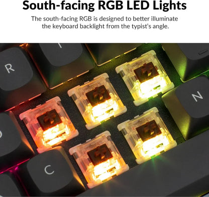Close-up of RGB mechanical keyboard switches with south-facing LED lights, retro gaming gear style.