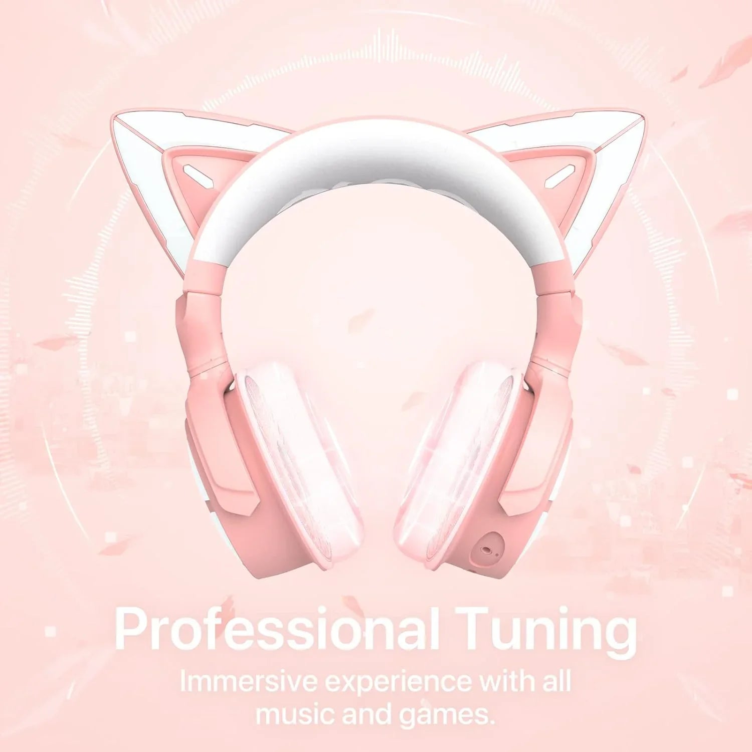 Pink cat ear gaming headphones with glowing ear cushions and professional tuning for immersive music and games