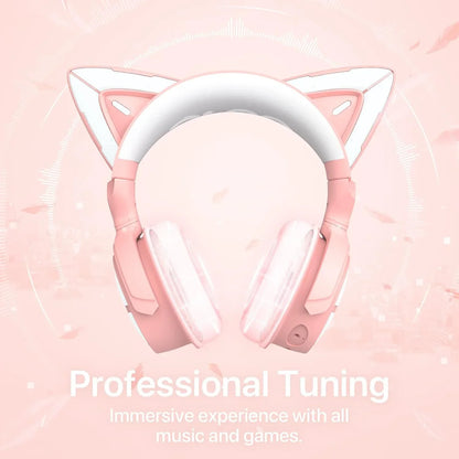 Pink cat ear gaming headphones with glowing ear cushions and professional tuning for immersive music and games