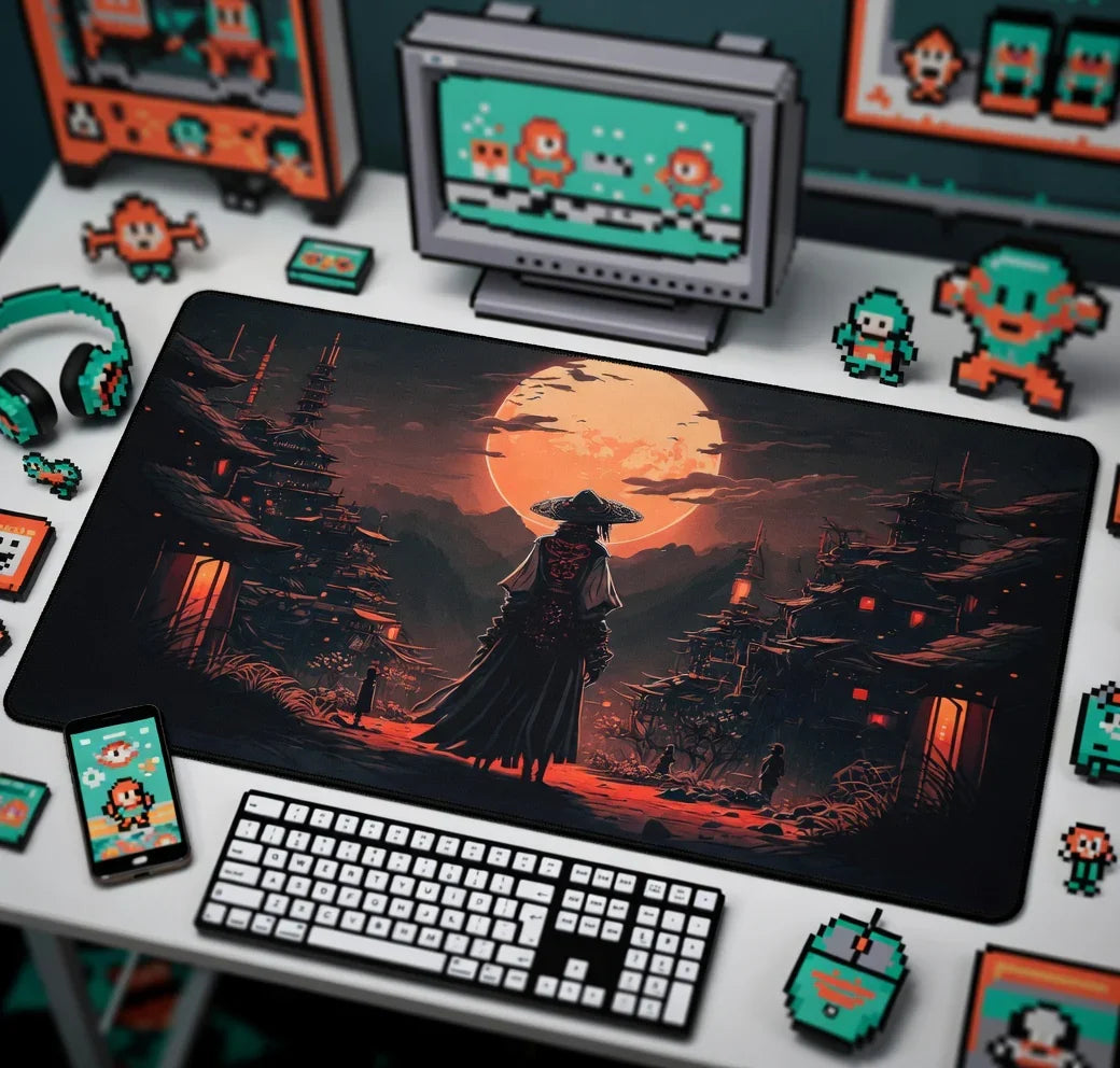 Retro gaming desk setup with 8-bit accessories, anime samurai mouse pad, mechanical keyboard