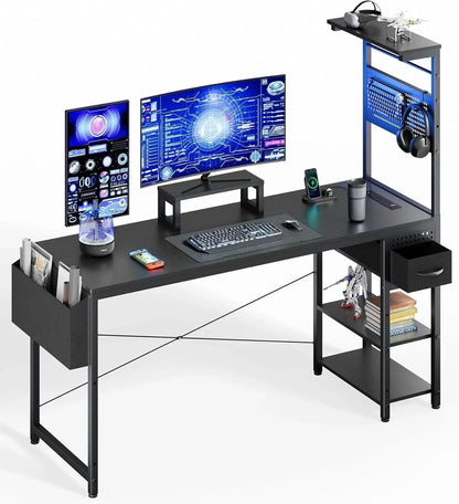 55" Gaming Desk with Adjustable Storage Rack & LED Lights, Power Outlets for Adult and Teen