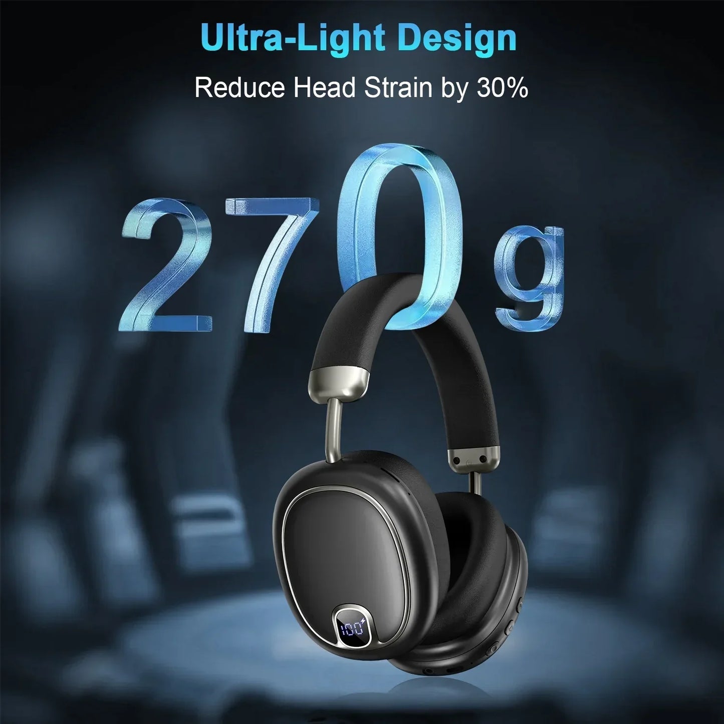 Ultra-light black wireless headphones weighing 270g designed to reduce head strain by 30%