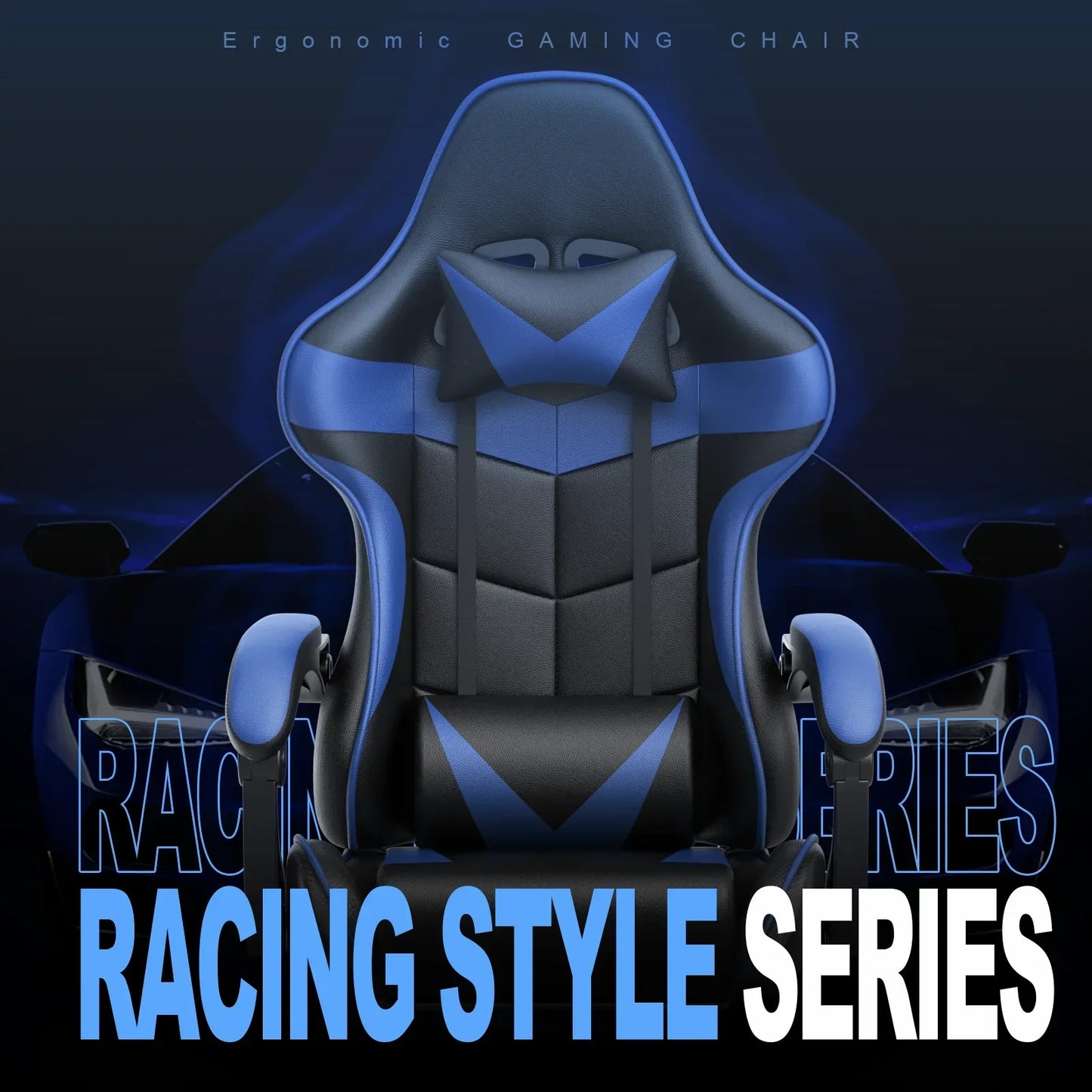 Blue and black ergonomic gaming chair from Racing Style Series with padded armrests and lumbar support