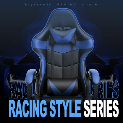 Blue and black ergonomic gaming chair from Racing Style Series with padded armrests and lumbar support
