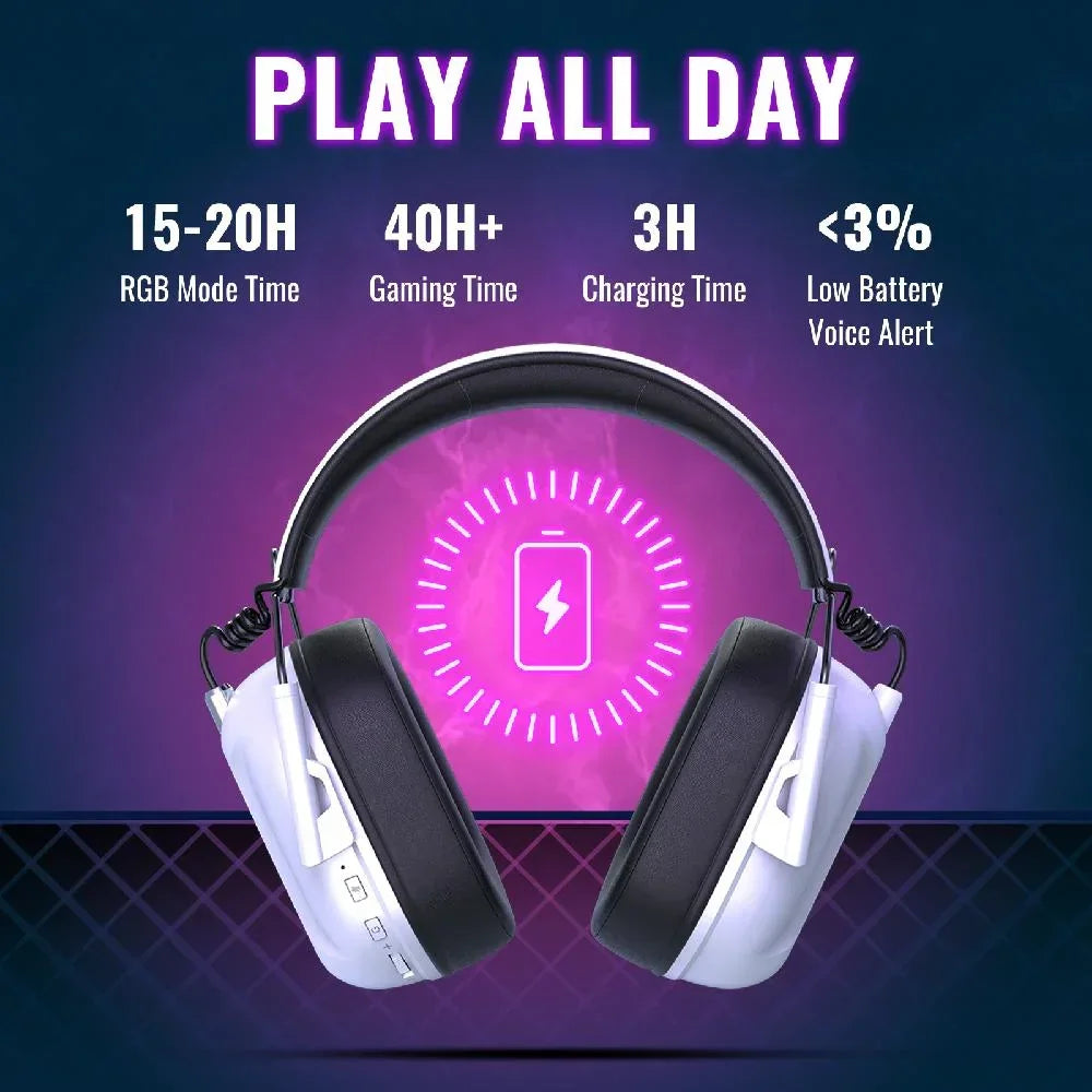 Wireless gaming headphones with 15-20H RGB, 40H+ playtime, 3H charging, low battery alert