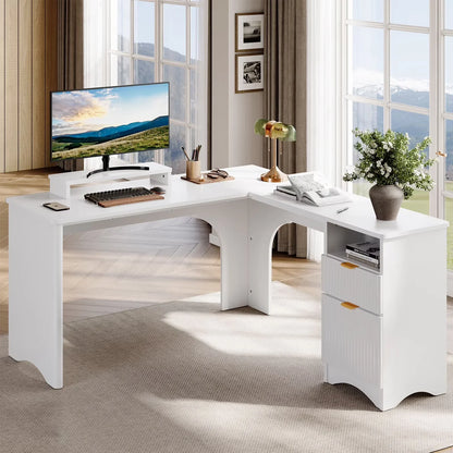 L Shaped Desk with Drawers, 55.7" X 55" Office Computer Desk with round Corners, Monitor Stand & Fluted Panels, White & Walnut