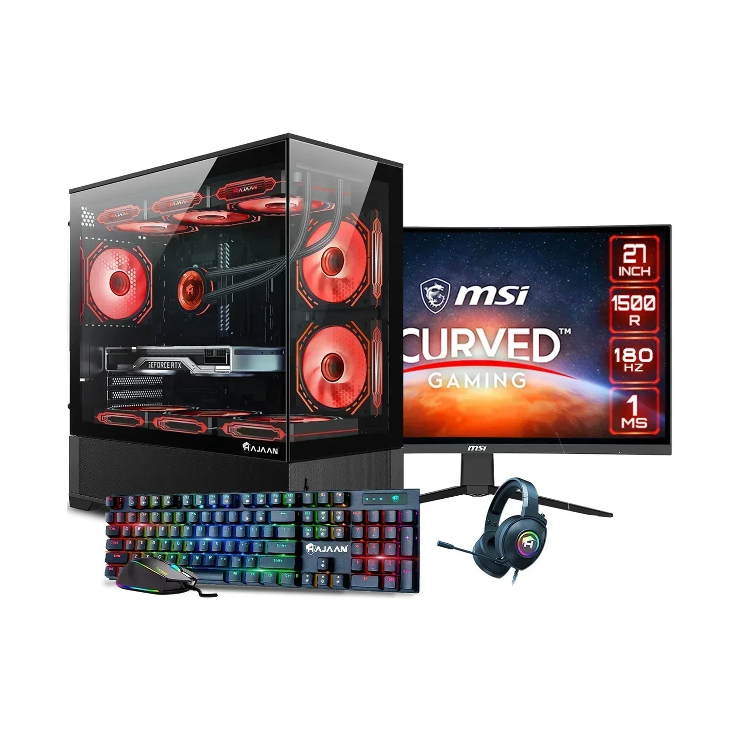 Gaming PC setup with red-lit tower, curved monitor, RGB keyboard, mouse, and headset