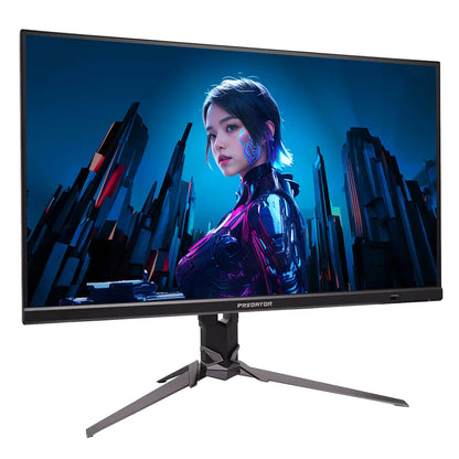 Predator gaming monitor displaying a futuristic female cyborg with glowing blue and purple cityscape