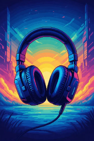 Pixel art of black headphones floating with a vibrant sunset and futuristic cityscape background