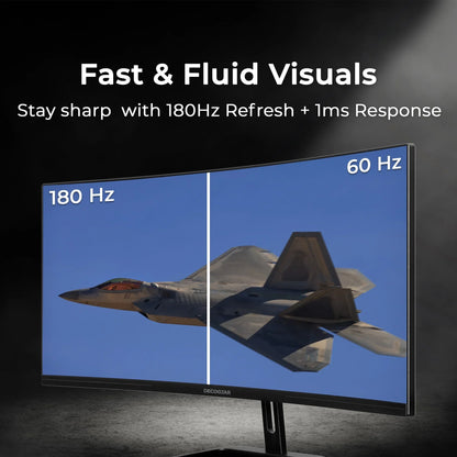Curved Decogear monitor showing sharp jet image at 180Hz refresh rate vs blurry at 60Hz for fast visuals