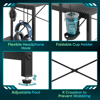 Black gaming desk features flexible headphone hook, foldable cup holder, adjustable foot, and X crossbar for stability