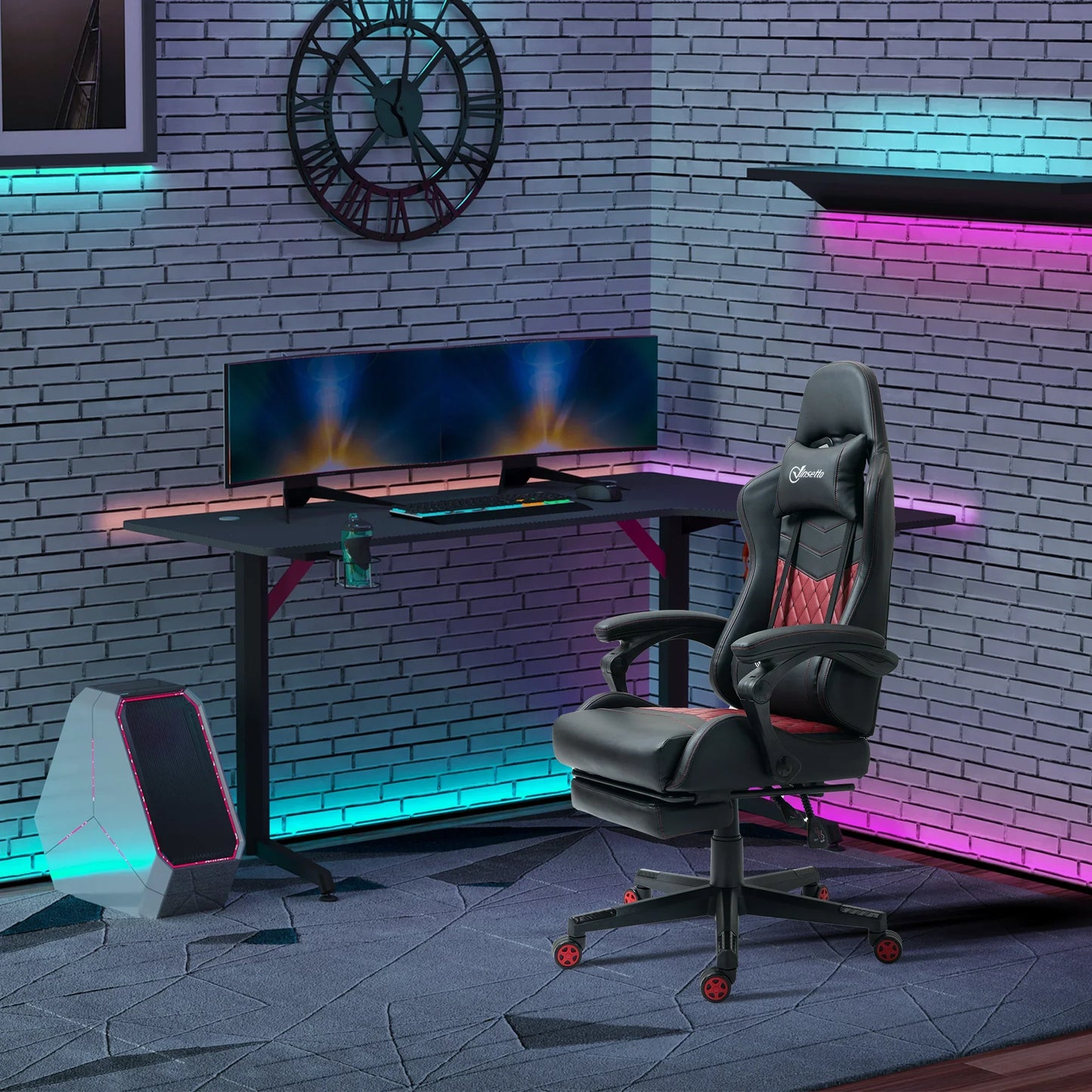 Gaming setup with dual monitors, RGB LED lights, black and red gaming chair, sleek desk, and futuristic PC tower