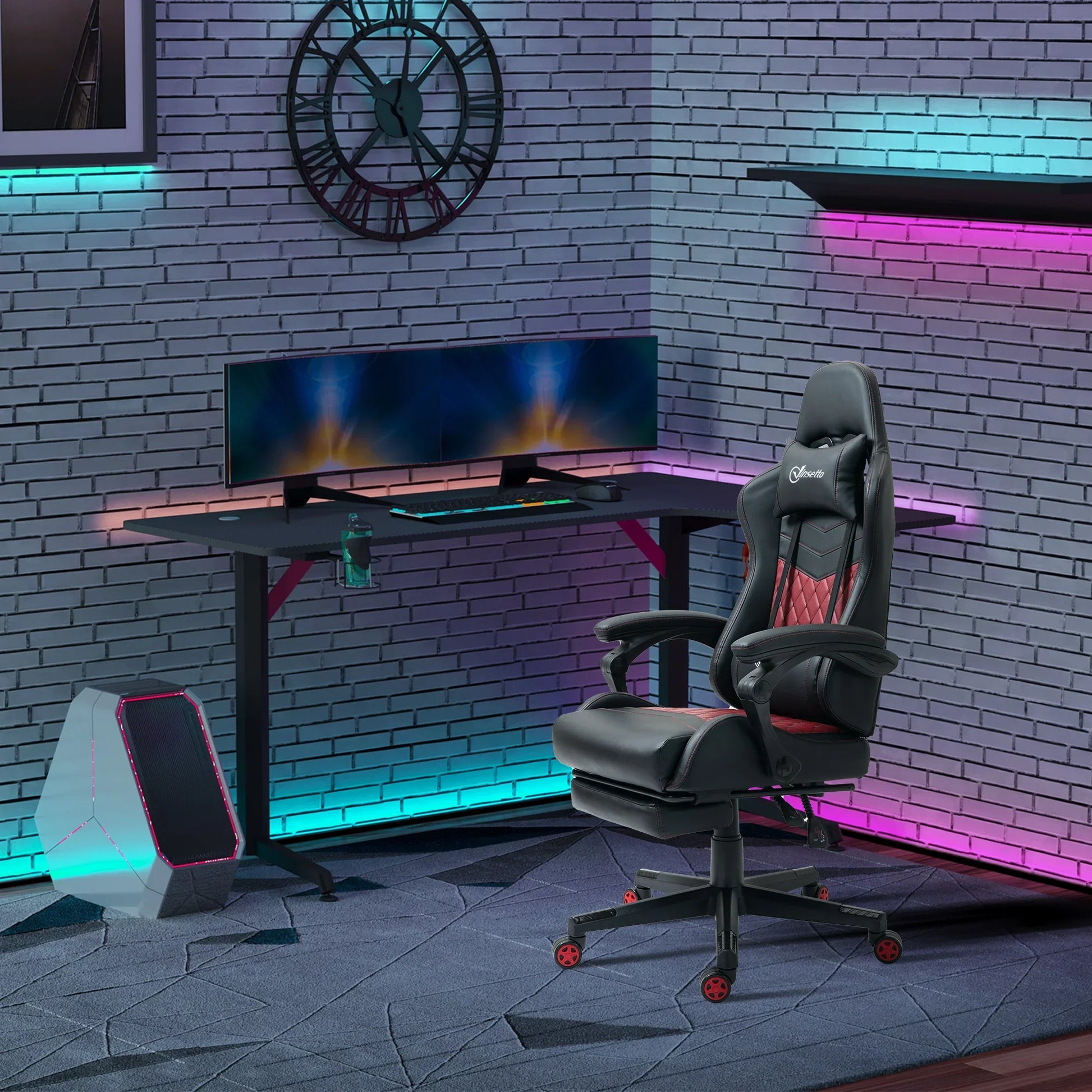 Gaming setup with dual monitors, RGB LED lights, black and red gaming chair, sleek desk, and futuristic PC tower