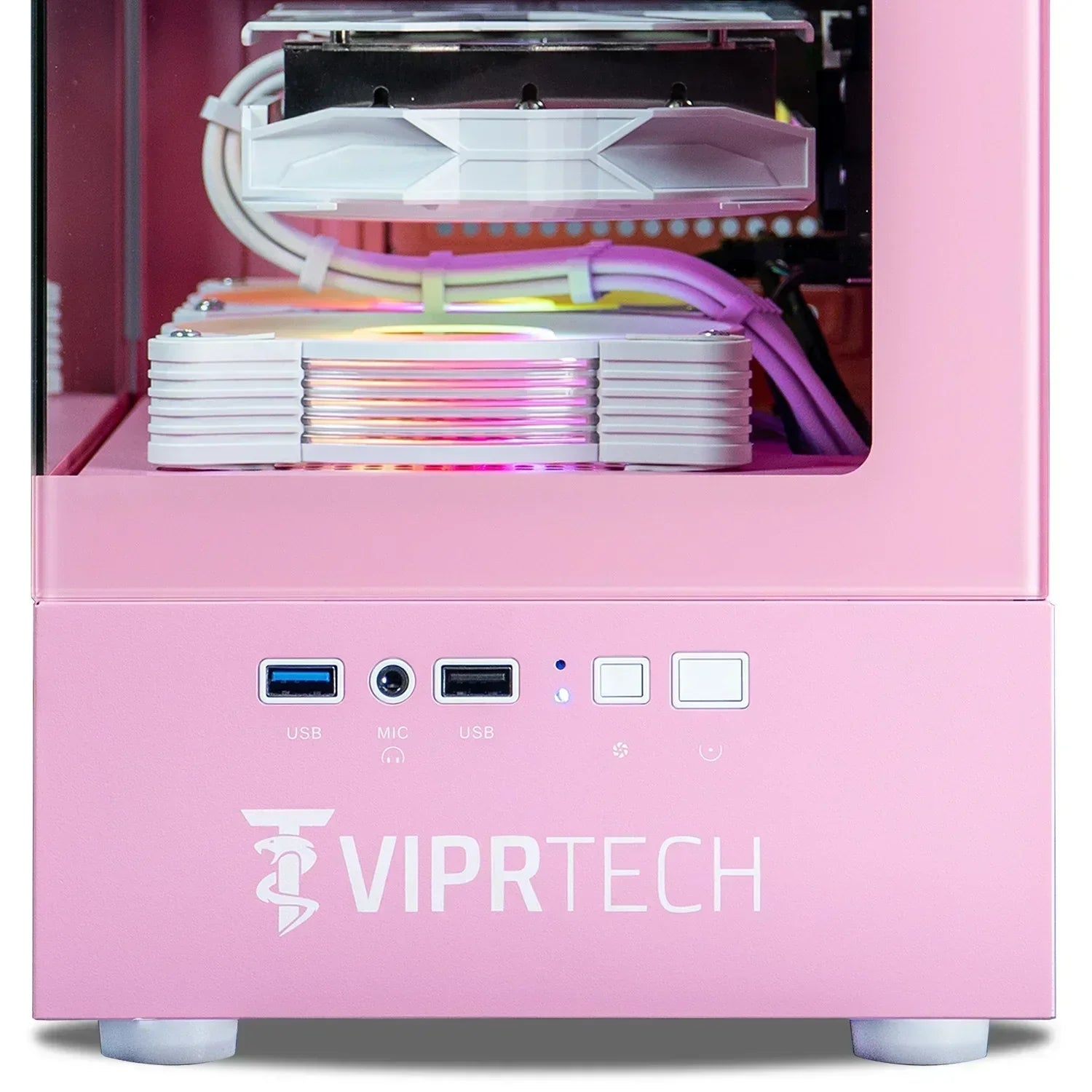 Pink gaming PC case with RGB cooling fans, front USB ports, and clear side panel.
