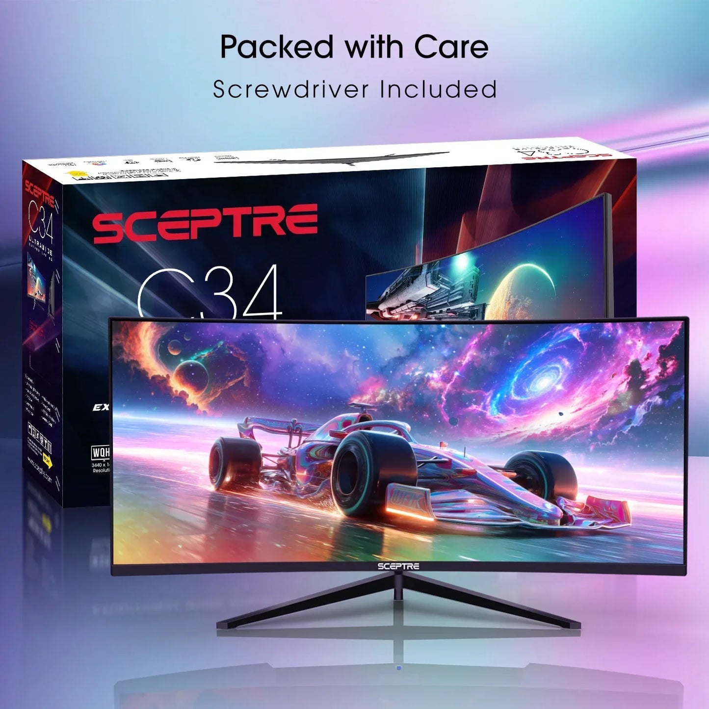 Sceptre C34 ultra-wide curved gaming monitor with vibrant racing car and galaxy wallpaper, packaging box in background