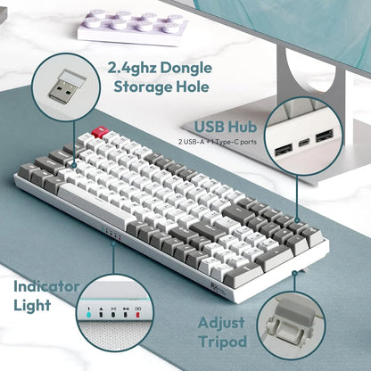 RK mechanical keyboard with white and gray retro keys on a blue mat, showing 2.4 GHz dongle storage, USB hub, indicator lights, and adjustable tripod