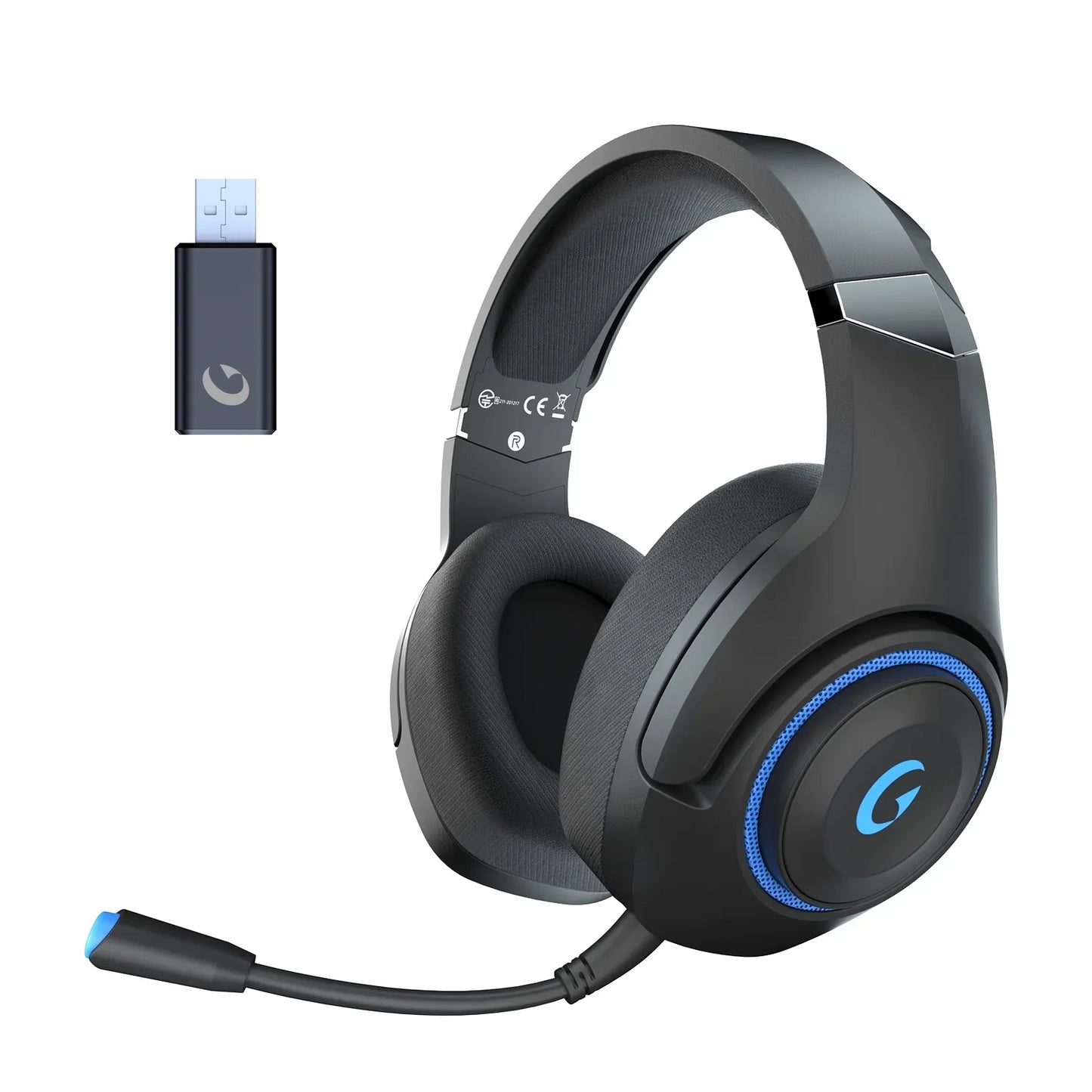 Wireless black gaming headset with cushioned ear pads, blue LED accents, microphone, and USB adapter