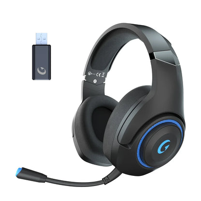 Wireless black gaming headset with cushioned ear pads, blue LED accents, microphone, and USB adapter