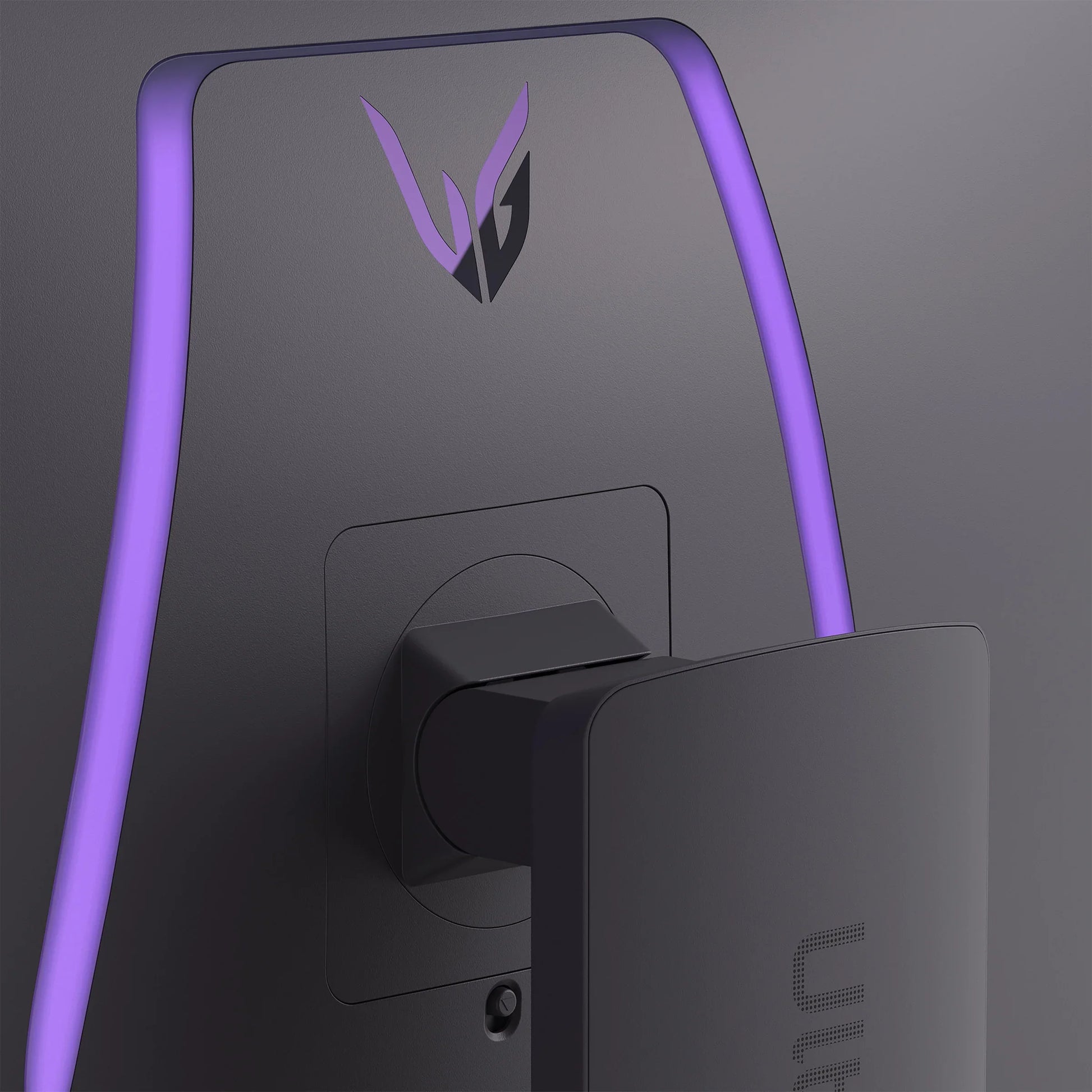 Back side of black gaming monitor with purple LED light strip and adjustable stand