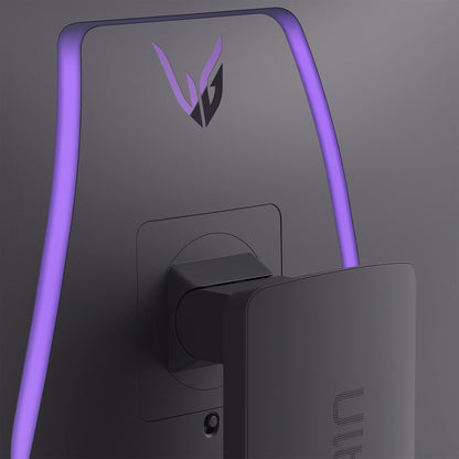 Back side of black gaming monitor with purple LED light strip and adjustable stand