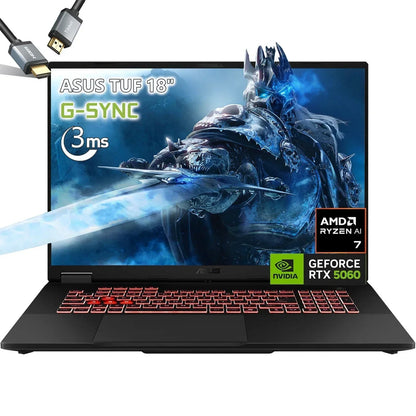 ASUS TUF 18-inch gaming laptop with red backlit keyboard, G-SYNC, AMD Ryzen 7, RTX 4060.