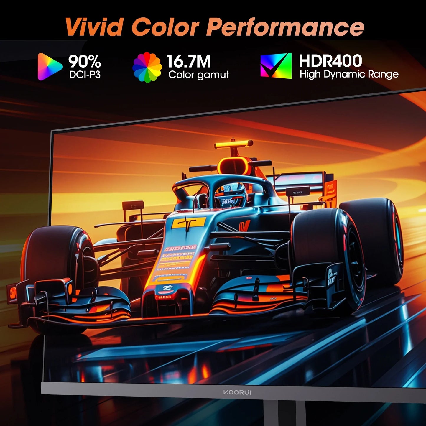 Racing car on vivid curved monitor display showcasing 90% DCI-P3 color, 16.7M gamut, HDR400
