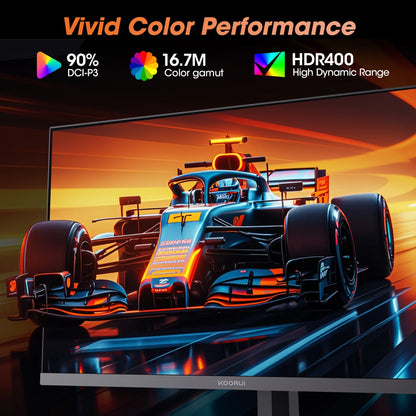 Racing car on vivid curved monitor display showcasing 90% DCI-P3 color, 16.7M gamut, HDR400
