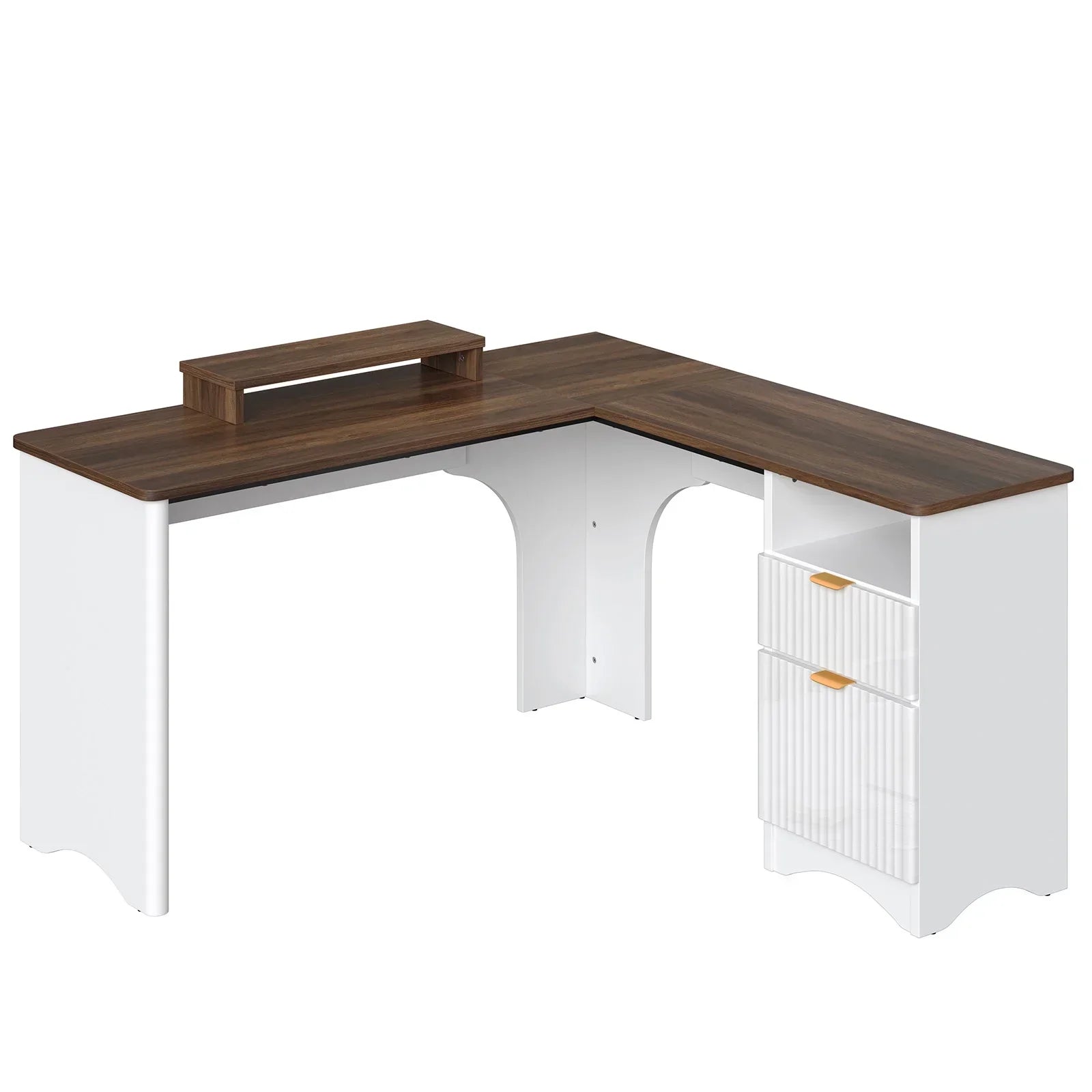 L Shaped Desk with Drawers, 55.7" X 55" Office Computer Desk with round Corners, Monitor Stand & Fluted Panels, White & Walnut