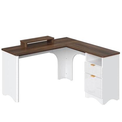 L Shaped Desk with Drawers, 55.7" X 55" Office Computer Desk with round Corners, Monitor Stand & Fluted Panels, White & Walnut