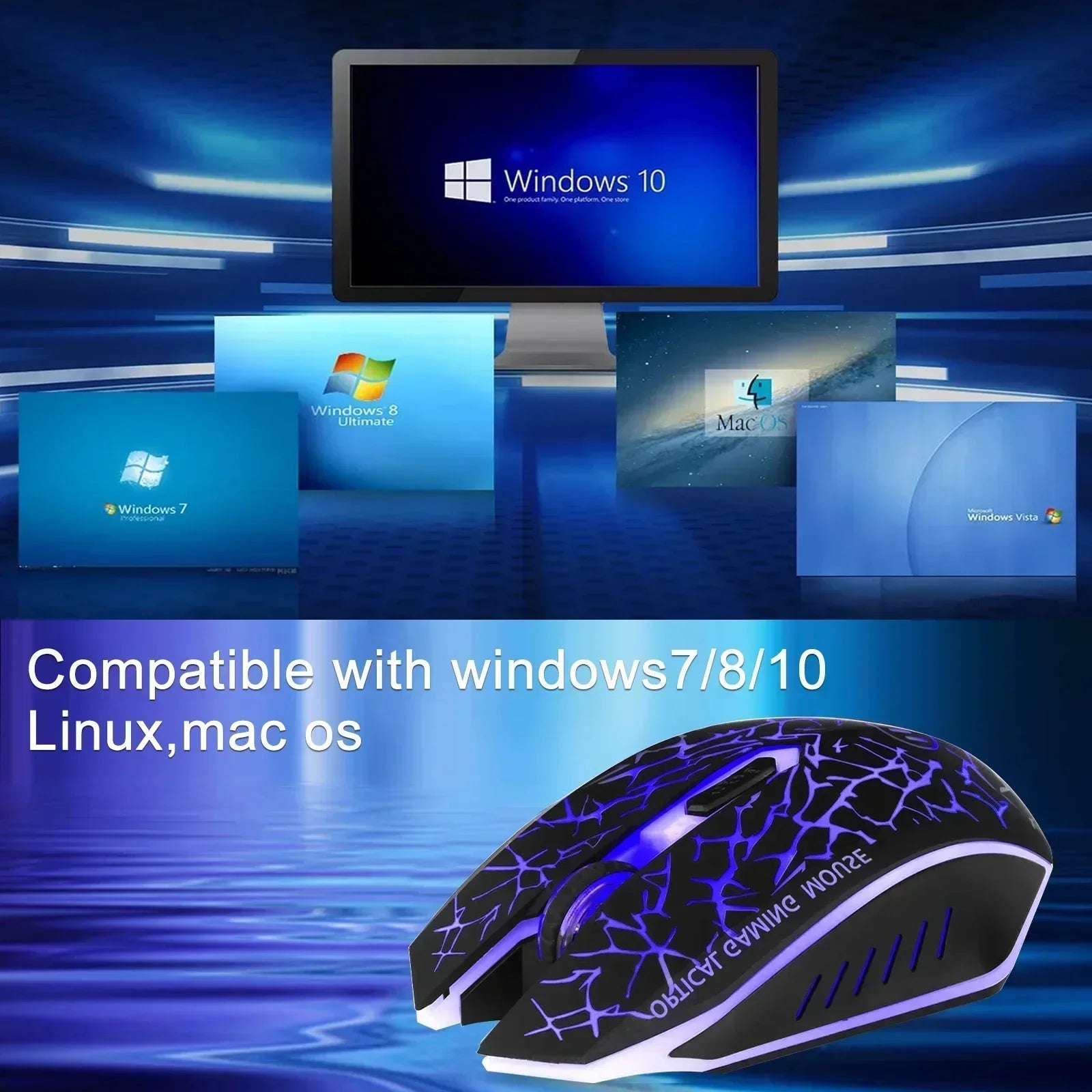 Glowing crackle-pattern gaming mouse compatible with Windows, Mac, and Linux computers