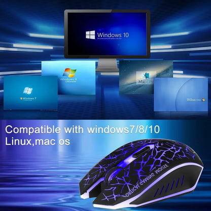 Glowing crackle-pattern gaming mouse compatible with Windows, Mac, and Linux computers