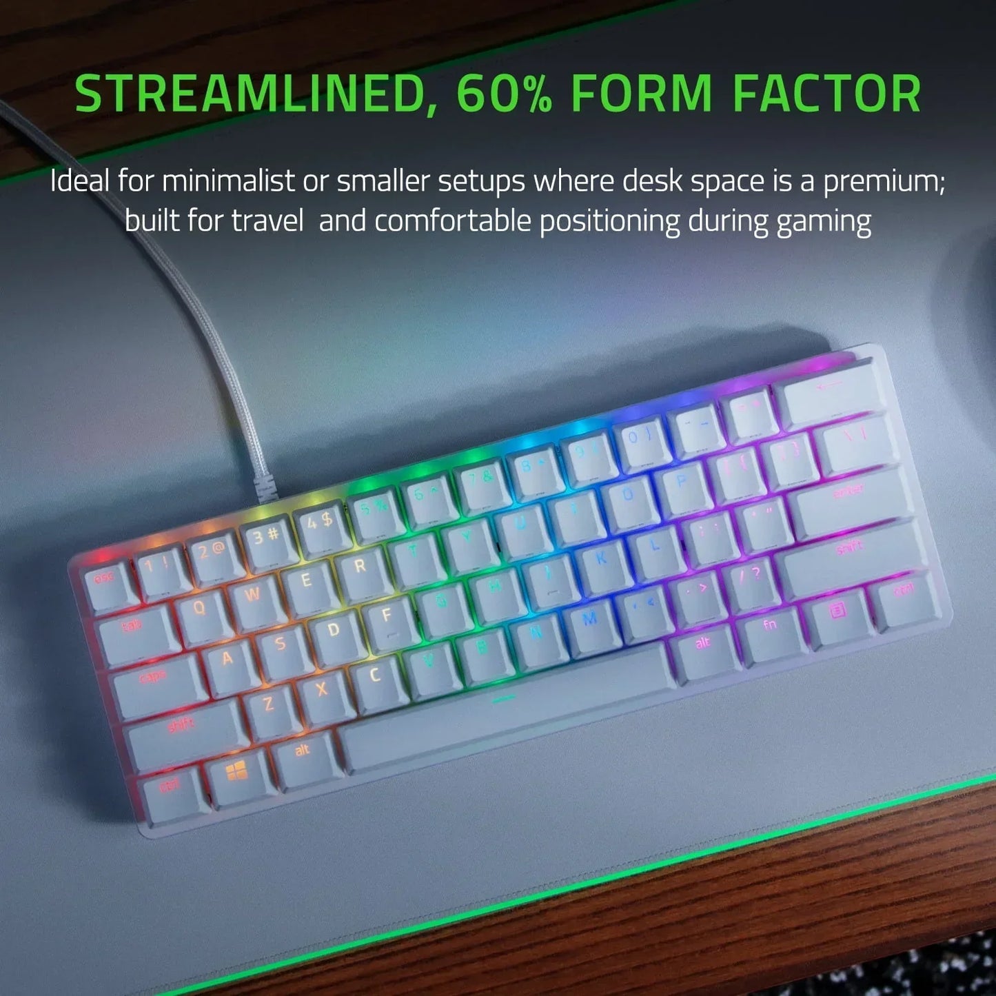 Compact 60% RGB gaming keyboard on desk, perfect for minimalist or small gaming setups