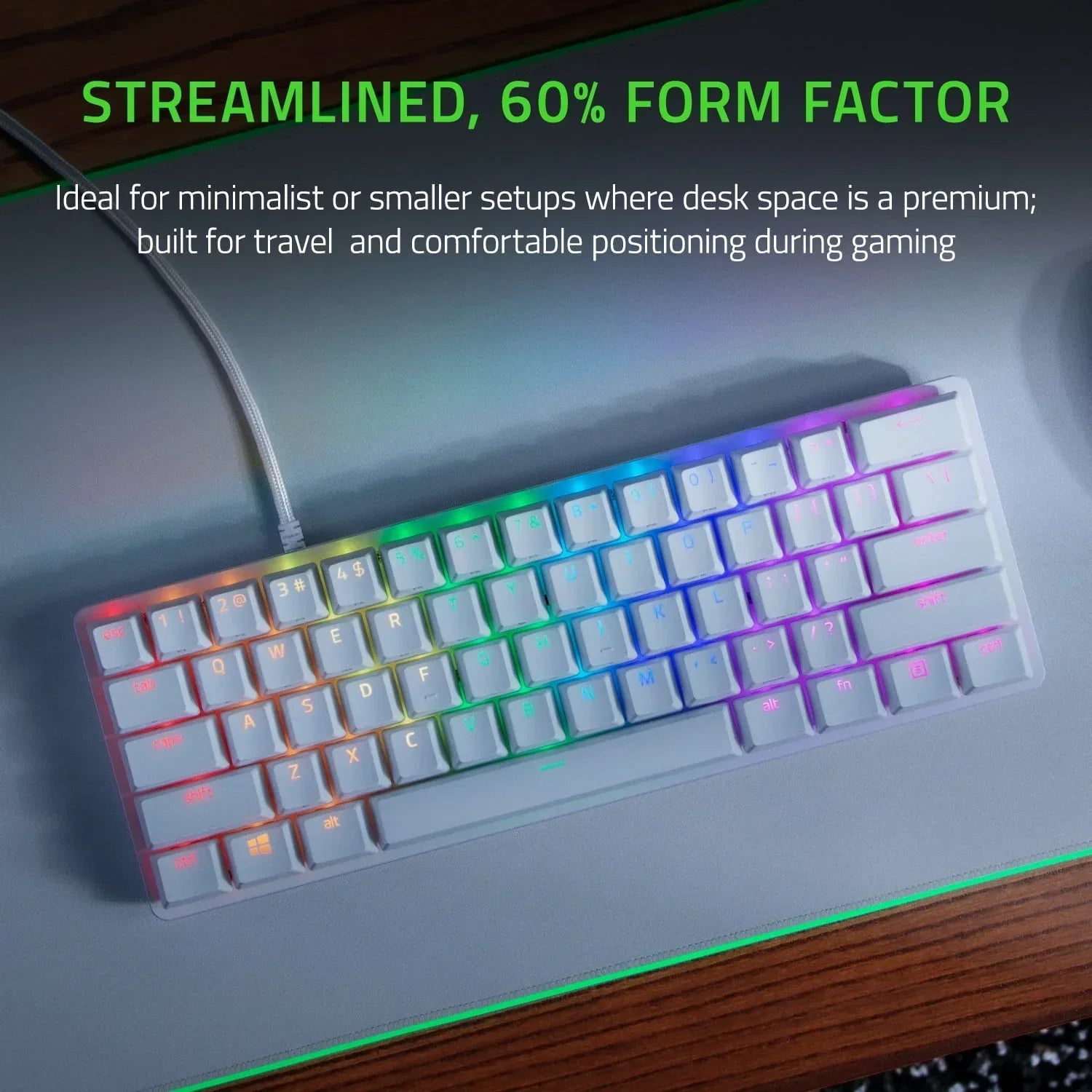 Compact 60% RGB gaming keyboard on desk, perfect for minimalist or small gaming setups