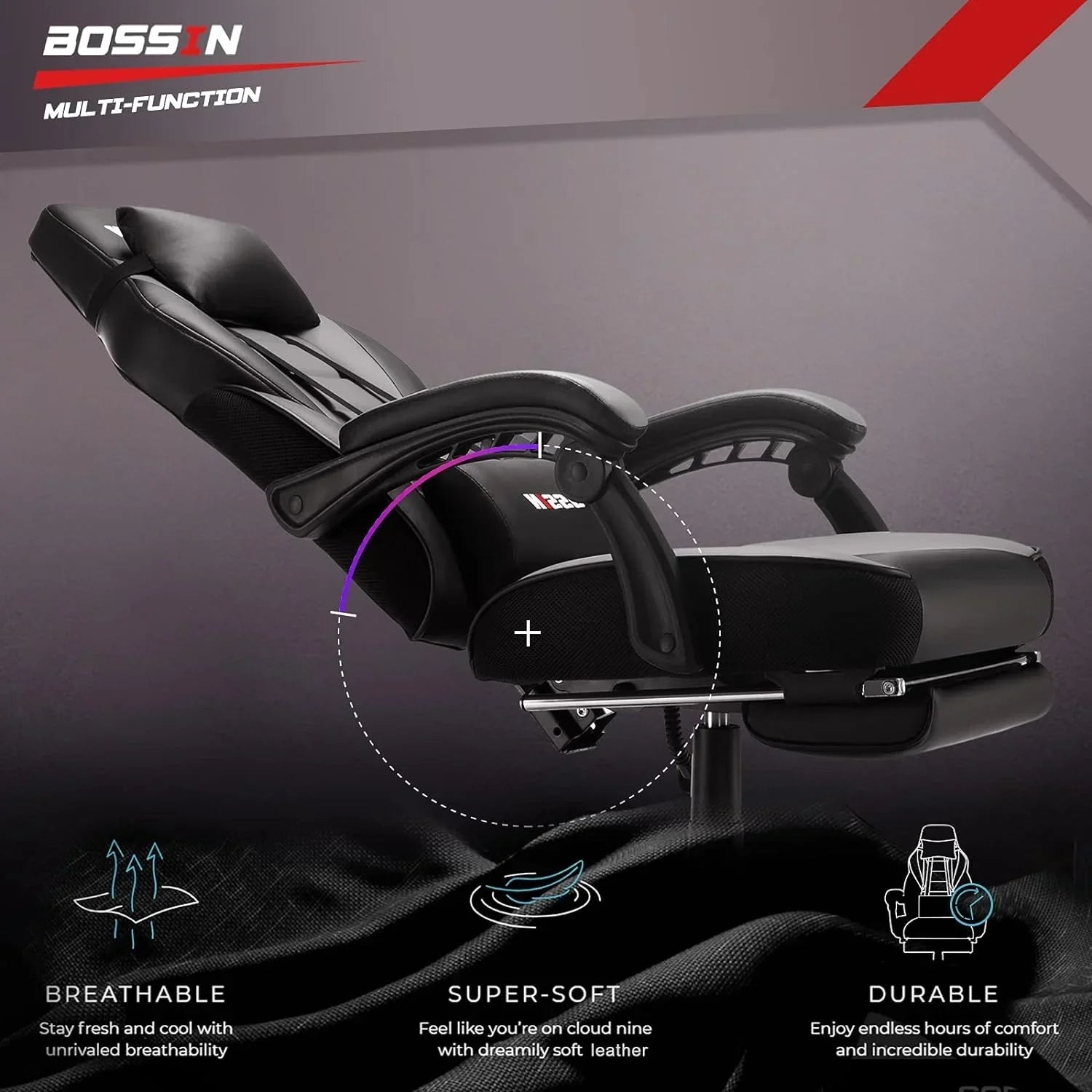 Bossin multi-function black ergonomic office chair with breathable, soft leather, and durable design