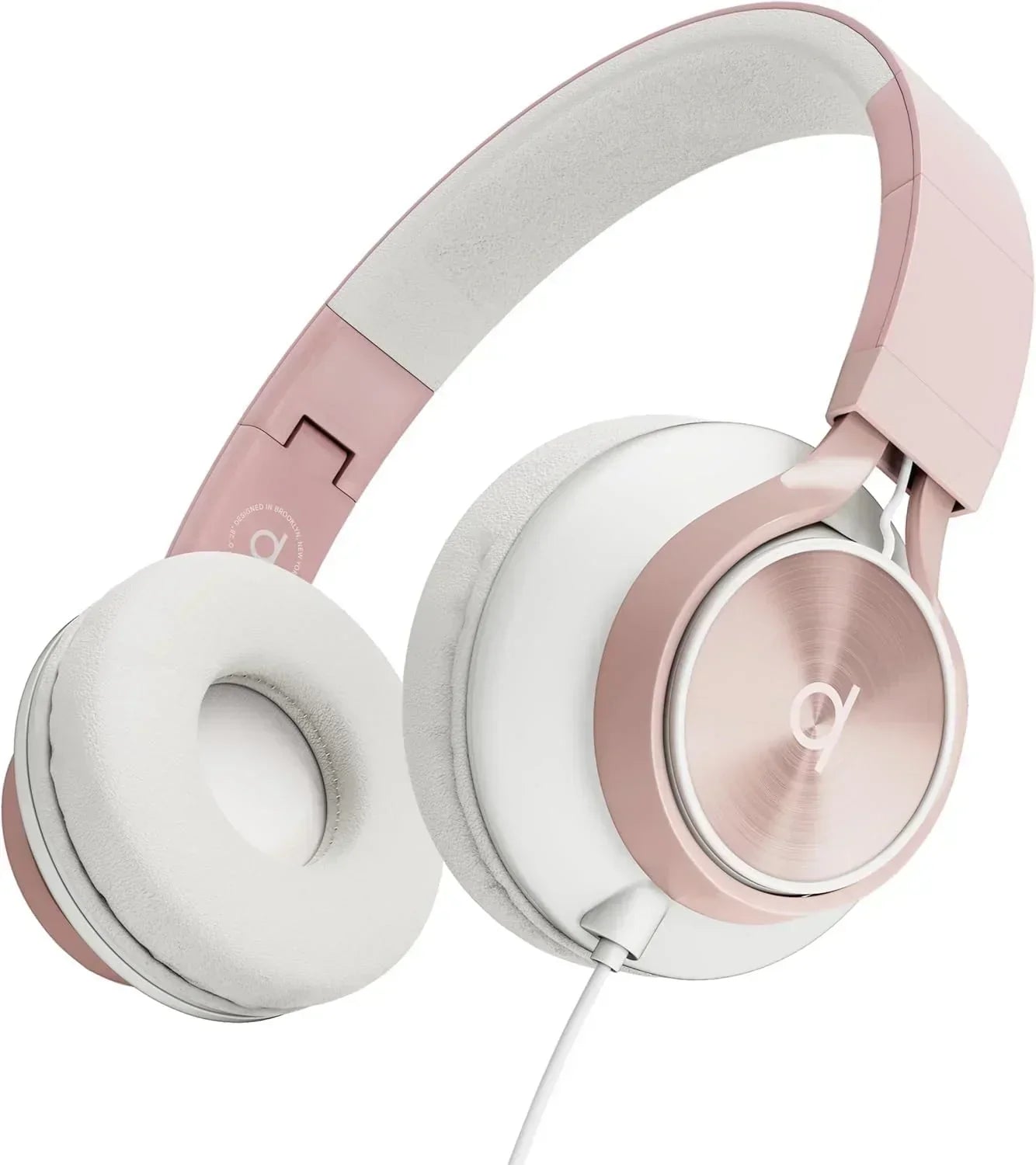 Pink and white over-ear gaming headset with cushioned ear cups and wired connection